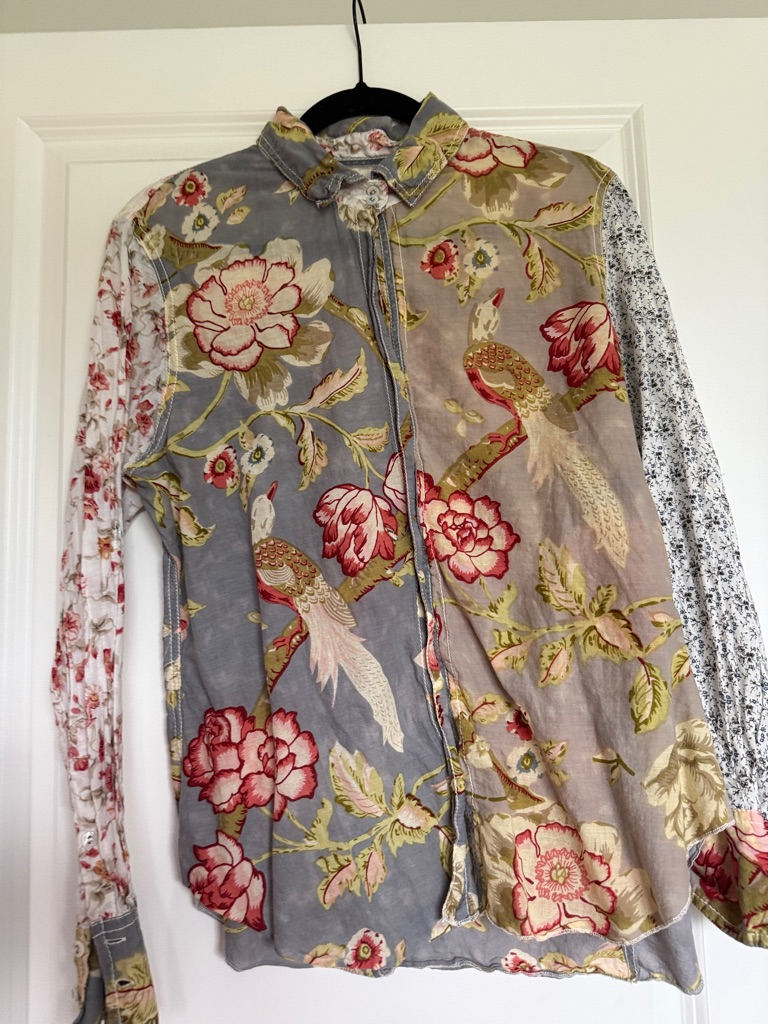 Floral Button-Down Shirt With Bird Motif - Gray & Multi